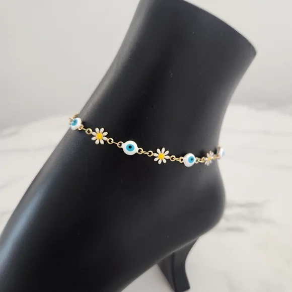 Stainless Steel White Blossom Evil Eye Gold Plated Floral Charm Anklet Bracelet - Picture 3 of 15